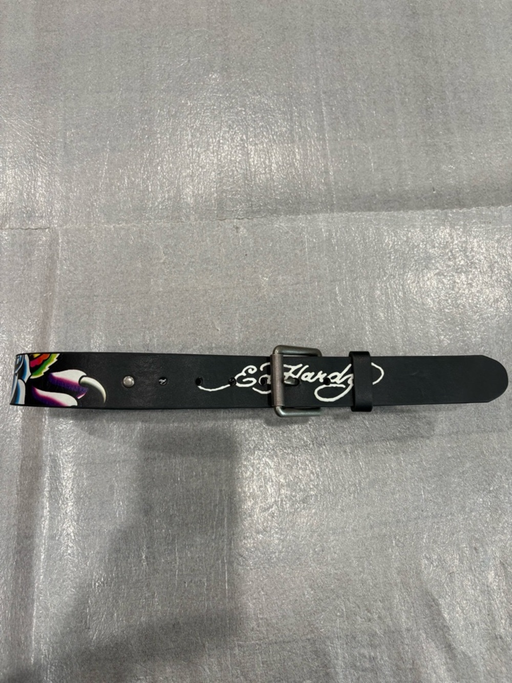 Ed Hardy Black Belt with White Script and Colorful Tattoo Rose